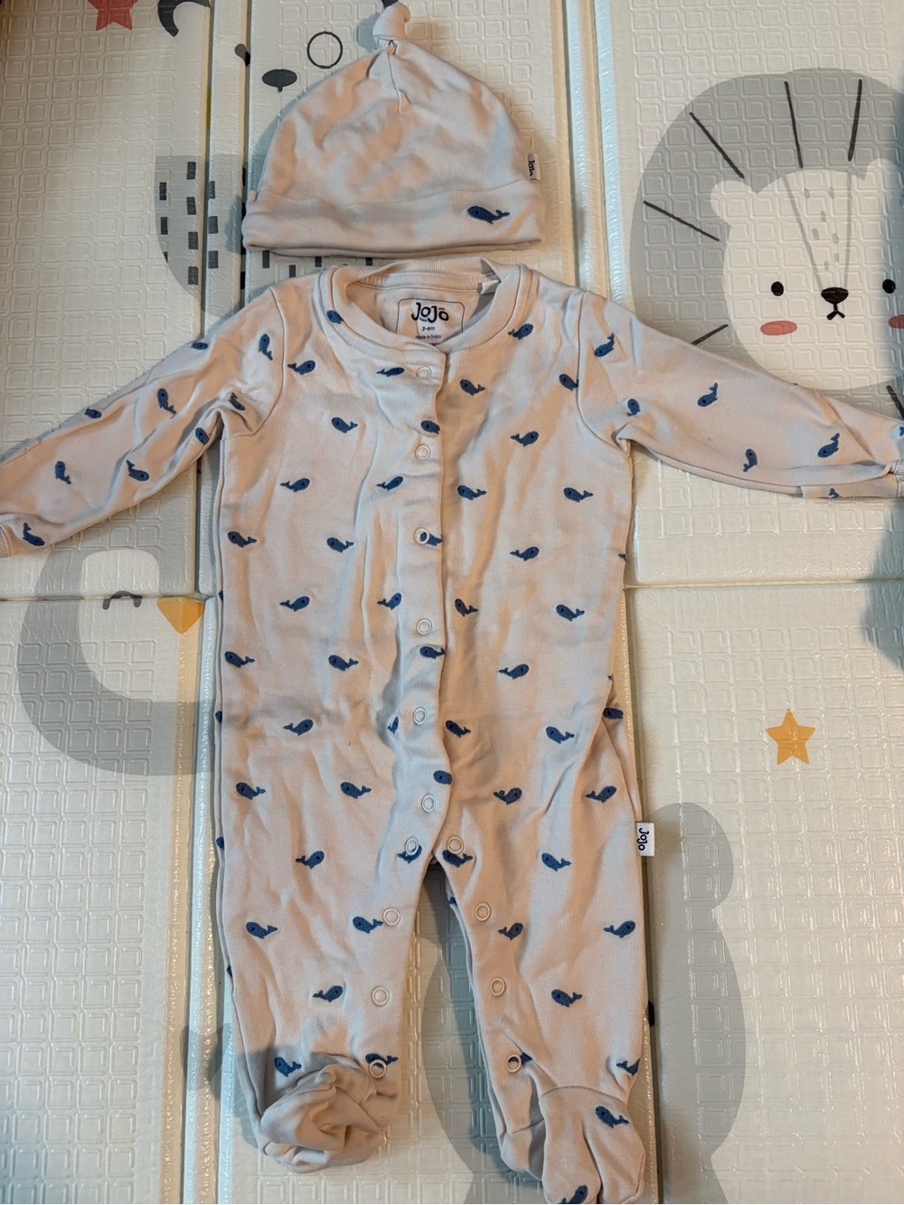 JoJo Maman Bebe Natural Whale Embroidered Cotton Sleepsuit and Hat, size 3-6m
